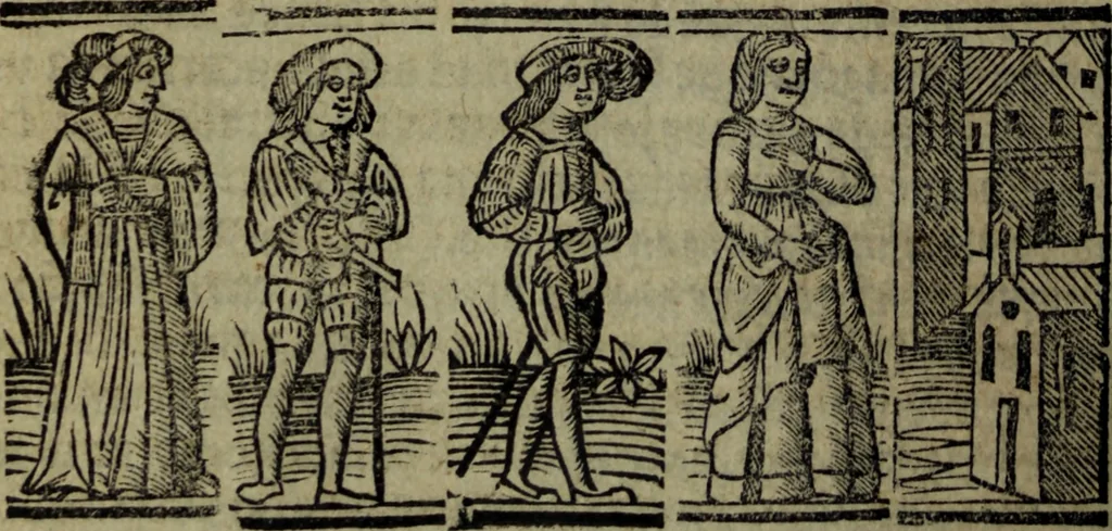 An illustration from Tragicomedia de Calisto y Melibea : enla qual se co[n]tiene de mas de su agradable [y] dulce estilo, muchas sente[n]cias filosofales [y] auisos muy necessarios para ma[n]cebos, mostra[n]doles los engaños q[ue] esta[n] encerrados en seruientes [y] alcahuetas, [y] nueuame[n]te añadido el tractado d[e] ce[n]turio, 1534, leaf 103