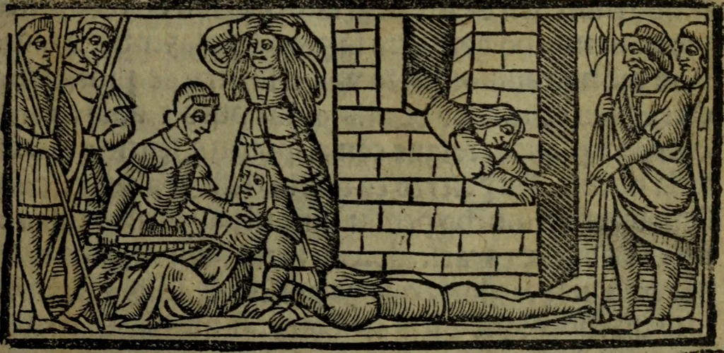 An illustration from Tragicomedia de Calisto y Melibea : enla qual se co[n]tiene de mas de su agradable [y] dulce estilo, muchas sente[n]cias filosofales [y] auisos muy necessarios para ma[n]cebos, mostra[n]doles los engaños q[ue] esta[n] encerrados en seruientes [y] alcahuetas, [y] nueuame[n]te añadido el tractado d[e] ce[n]turio, 1534, leaf 152