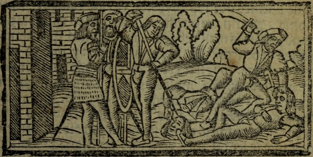 An illustration from Tragicomedia de Calisto y Melibea : enla qual se co[n]tiene de mas de su agradable [y] dulce estilo, muchas sente[n]cias filosofales [y] auisos muy necessarios para ma[n]cebos, mostra[n]doles los engaños q[ue] esta[n] encerrados en seruientes [y] alcahuetas, [y] nueuame[n]te añadido el tractado d[e] ce[n]turio, 1534, leaf 154