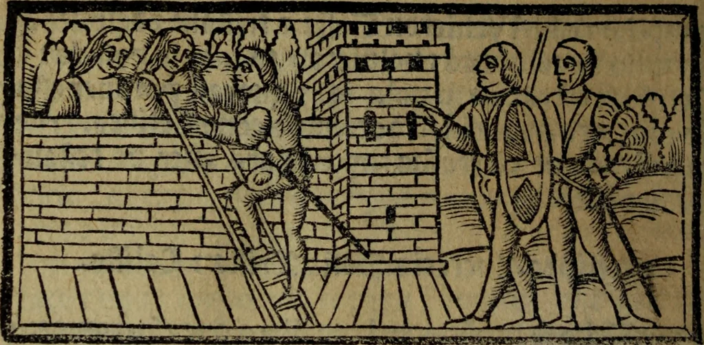 An illustration from Tragicomedia de Calisto y Melibea : enla qual se co[n]tiene de mas de su agradable [y] dulce estilo, muchas sente[n]cias filosofales [y] auisos muy necessarios para ma[n]cebos, mostra[n]doles los engaños q[ue] esta[n] encerrados en seruientes [y] alcahuetas, [y] nueuame[n]te añadido el tractado d[e] ce[n]turio, 1534, leaf 159