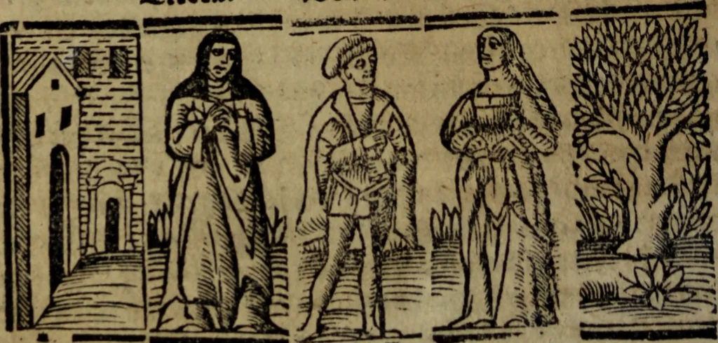 An illustration from Tragicomedia de Calisto y Melibea : enla qual se co[n]tiene de mas de su agradable [y] dulce estilo, muchas sente[n]cias filosofales [y] auisos muy necessarios para ma[n]cebos, mostra[n]doles los engaños q[ue] esta[n] encerrados en seruientes [y] alcahuetas, [y] nueuame[n]te añadido el tractado d[e] ce[n]turio, 1534, leaf 167