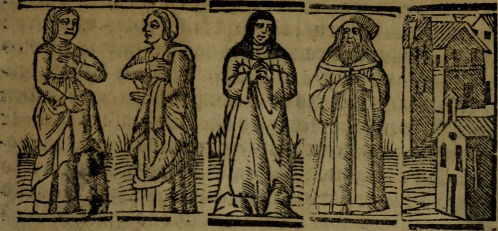 An illustration from Tragicomedia de Calisto y Melibea : enla qual se co[n]tiene de mas de su agradable [y] dulce estilo, muchas sente[n]cias filosofales [y] auisos muy necessarios para ma[n]cebos, mostra[n]doles los engaños q[ue] esta[n] encerrados en seruientes [y] alcahuetas, [y] nueuame[n]te añadido el tractado d[e] ce[n]turio, 1534, leaf 174