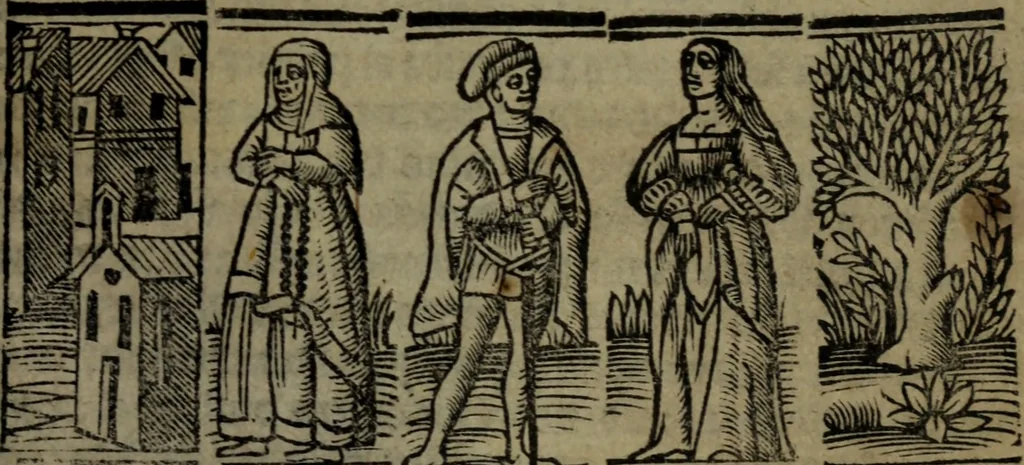 An illustration from Tragicomedia de Calisto y Melibea : enla qual se co[n]tiene de mas de su agradable [y] dulce estilo, muchas sente[n]cias filosofales [y] auisos muy necessarios para ma[n]cebos, mostra[n]doles los engaños q[ue] esta[n] encerrados en seruientes [y] alcahuetas, [y] nueuame[n]te añadido el tractado d[e] ce[n]turio, 1534, leaf 178