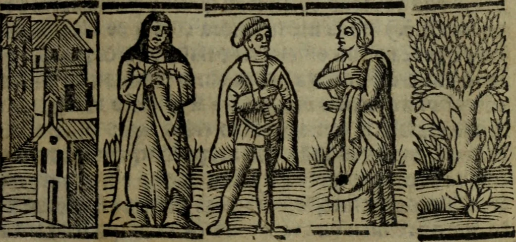 An illustration from Tragicomedia de Calisto y Melibea : enla qual se co[n]tiene de mas de su agradable [y] dulce estilo, muchas sente[n]cias filosofales [y] auisos muy necessarios para ma[n]cebos, mostra[n]doles los engaños q[ue] esta[n] encerrados en seruientes [y] alcahuetas, [y] nueuame[n]te añadido el tractado d[e] ce[n]turio, 1534, leaf 184