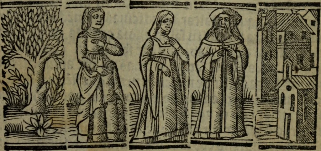 An illustration from Tragicomedia de Calisto y Melibea : enla qual se co[n]tiene de mas de su agradable [y] dulce estilo, muchas sente[n]cias filosofales [y] auisos muy necessarios para ma[n]cebos, mostra[n]doles los engaños q[ue] esta[n] encerrados en seruientes [y] alcahuetas, [y] nueuame[n]te añadido el tractado d[e] ce[n]turio, 1534, leaf 192