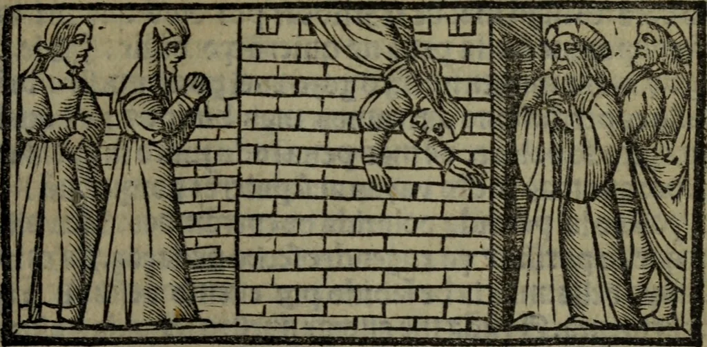 An illustration from Tragicomedia de Calisto y Melibea : enla qual se co[n]tiene de mas de su agradable [y] dulce estilo, muchas sente[n]cias filosofales [y] auisos muy necessarios para ma[n]cebos, mostra[n]doles los engaños q[ue] esta[n] encerrados en seruientes [y] alcahuetas, [y] nueuame[n]te añadido el tractado d[e] ce[n]turio, 1534, leaf 198