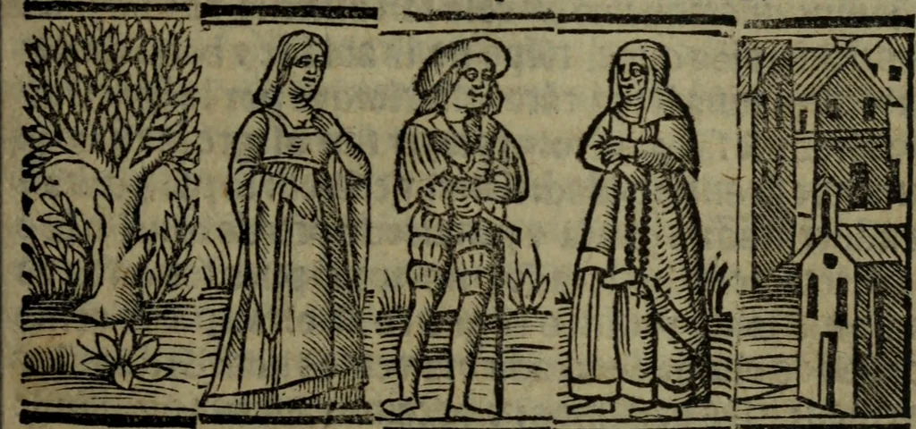 An illustration from Tragicomedia de Calisto y Melibea : enla qual se co[n]tiene de mas de su agradable [y] dulce estilo, muchas sente[n]cias filosofales [y] auisos muy necessarios para ma[n]cebos, mostra[n]doles los engaños q[ue] esta[n] encerrados en seruientes [y] alcahuetas, [y] nueuame[n]te añadido el tractado d[e] ce[n]turio, 1534, leaf 46