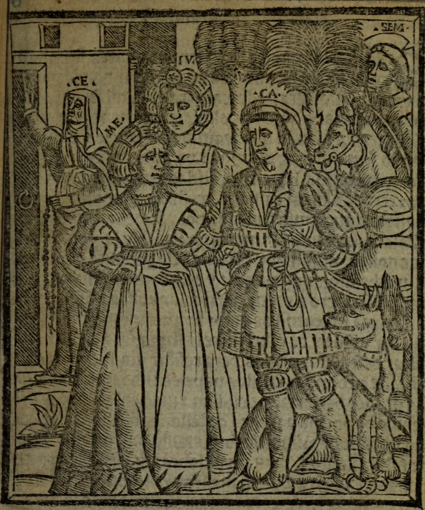 An illustration from Tragicomedia de Calisto y Melibea : enla qual se co[n]tiene de mas de su agradable [y] dulce estilo, muchas sente[n]cias filosofales [y] auisos muy necessarios para ma[n]cebos, mostra[n]doles los engaños q[ue] esta[n] encerrados en seruientes [y] alcahuetas, [y] nueuame[n]te añadido el tractado d[e] ce[n]turio, 1534, leaf 6
