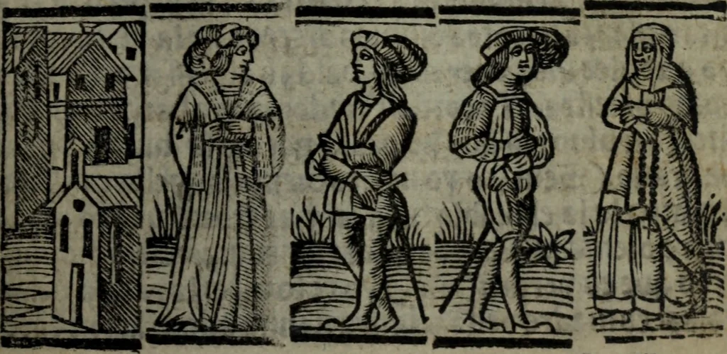 An illustration from Tragicomedia de Calisto y Melibea : enla qual se co[n]tiene de mas de su agradable [y] dulce estilo, muchas sente[n]cias filosofales [y] auisos muy necessarios para ma[n]cebos, mostra[n]doles los engaños q[ue] esta[n] encerrados en seruientes [y] alcahuetas, [y] nueuame[n]te añadido el tractado d[e] ce[n]turio, 1534, leaf 70