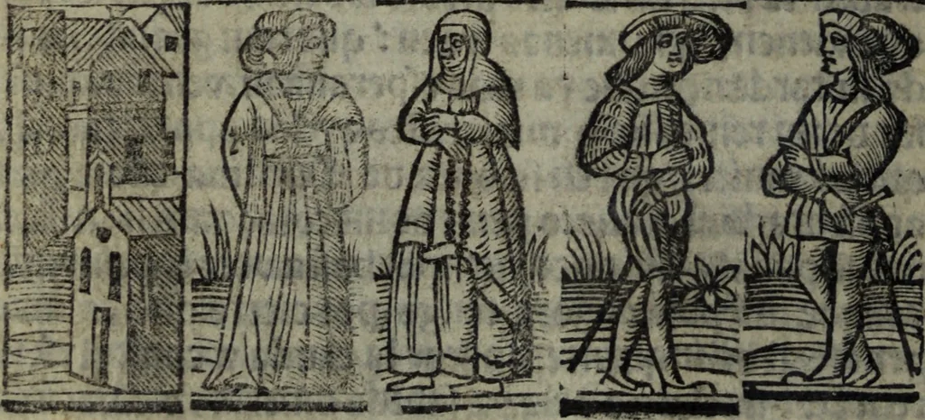 An illustration from Tragicomedia de Calisto y Melibea : enla qual se co[n]tiene de mas de su agradable [y] dulce estilo, muchas sente[n]cias filosofales [y] auisos muy necessarios para ma[n]cebos, mostra[n]doles los engaños q[ue] esta[n] encerrados en seruientes [y] alcahuetas, [y] nueuame[n]te añadido el tractado d[e] ce[n]turio, 1534, leaf 75