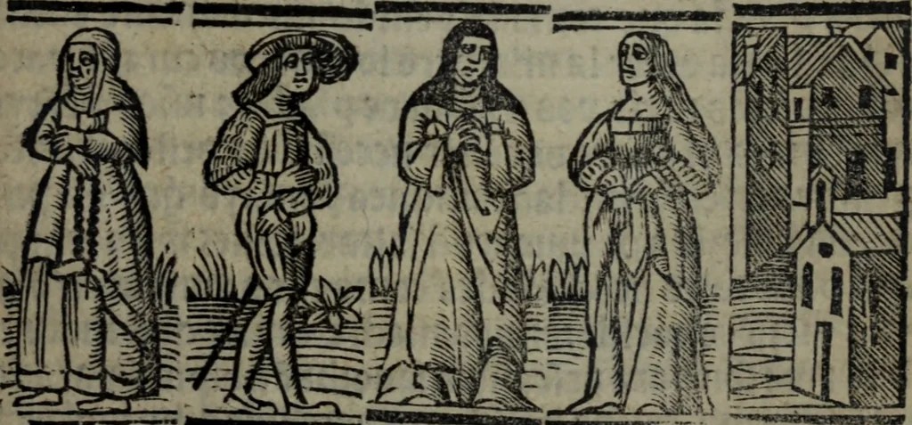 An illustration from Tragicomedia de Calisto y Melibea : enla qual se co[n]tiene de mas de su agradable [y] dulce estilo, muchas sente[n]cias filosofales [y] auisos muy necessarios para ma[n]cebos, mostra[n]doles los engaños q[ue] esta[n] encerrados en seruientes [y] alcahuetas, [y] nueuame[n]te añadido el tractado d[e] ce[n]turio, 1534, leaf 88
