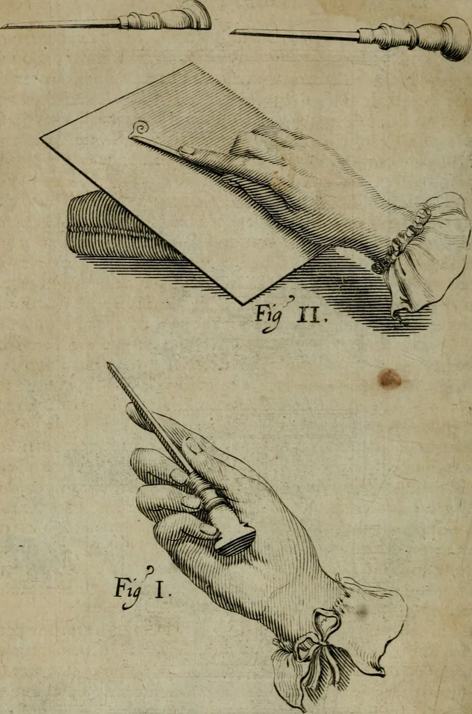 An illustration from Traicté des manieres de graver en taille dovce svr l'airin. Par le moyen des eaux fortes, & des vernix durs & mols. Ensemble de la façon d'en imprimer les planches & d'en construire la presse, & autres choses concernans lesdits arts, 1645, leaf 79