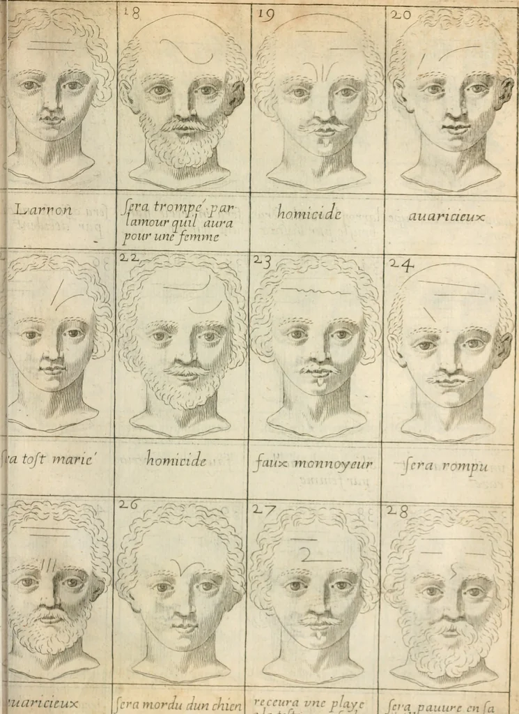 An illustration from Traicté povr la conservation de la santé, et svr la saignee de ce temps, et moyen de remedier aux maladies sans craincte de leur recheute : auec autres traictez necessaires pour toutes sortes de personnes, en façon & ordre non encores veus, & selon la doctrine des anciens medecins grecs, arabes, latins & françois : avgmenté d'vn Traicté de Galien, de l'alictement des malades : Apologie contre Iean Terud ... : Examen du liure intitulé Medecin charitable : Traicté de la physiognomie, auec les figures propres, qui sont au nombre de 53 ..., 1650, leaf 744