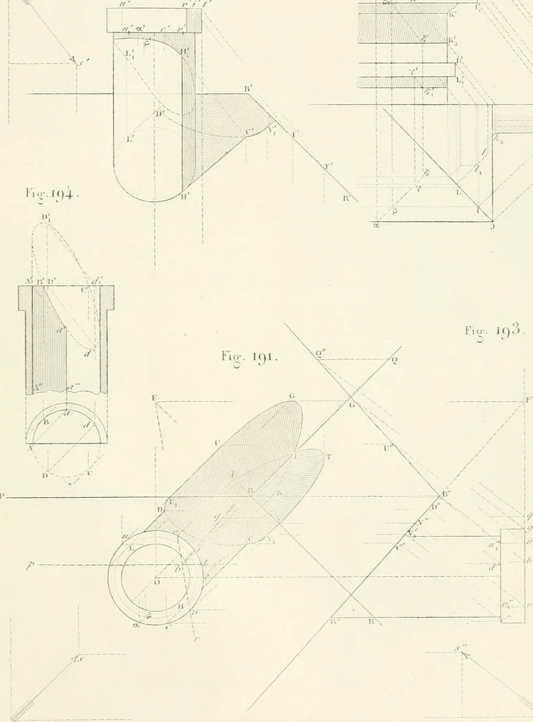 An illustration from Traité de géométrie descriptive. 3. ed., rev. et augm. de la théorie de l'intersection de deux polyèdres, 1891, leaf 18