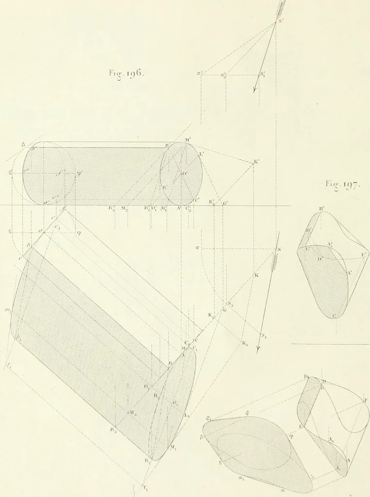 An illustration from Traité de géométrie descriptive. 3. ed., rev. et augm. de la théorie de l'intersection de deux polyèdres, 1891, leaf 19