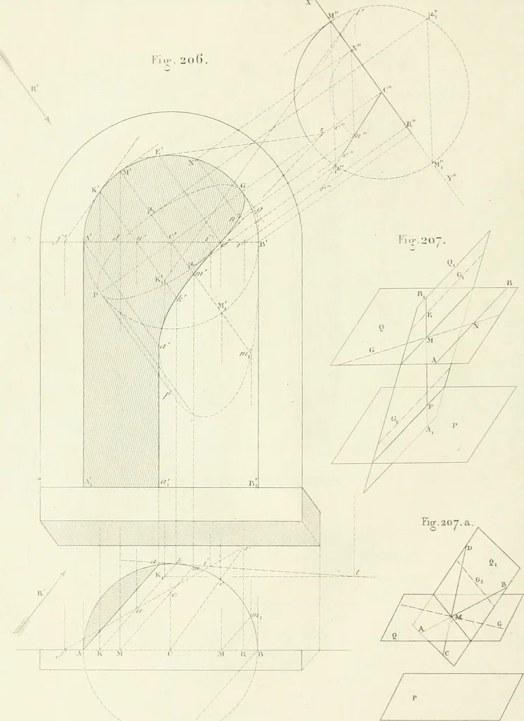 An illustration from Traité de géométrie descriptive. 3. ed., rev. et augm. de la théorie de l'intersection de deux polyèdres, 1891, leaf 23
