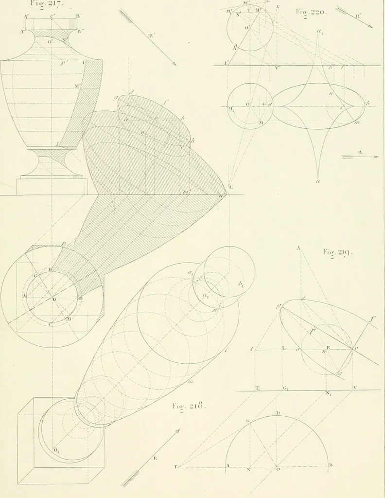 An illustration from Traité de géométrie descriptive. 3. ed., rev. et augm. de la théorie de l'intersection de deux polyèdres, 1891, leaf 28