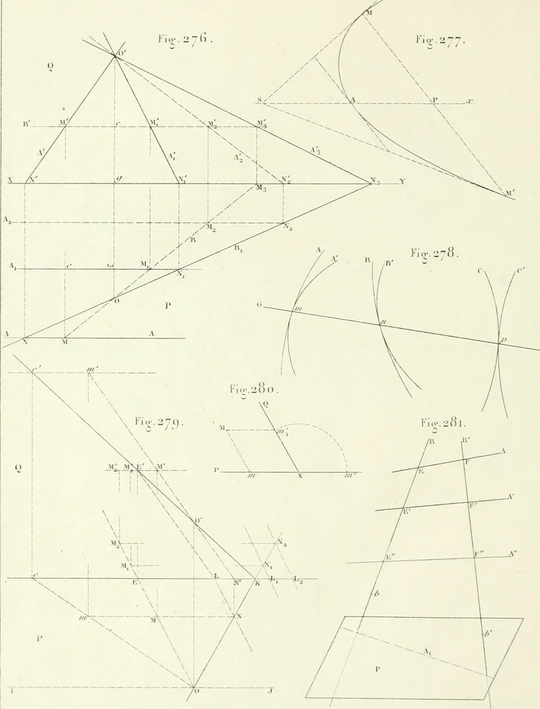 An illustration from Traité de géométrie descriptive. 3. ed., rev. et augm. de la théorie de l'intersection de deux polyèdres, 1891, leaf 45
