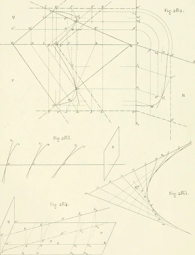 An illustration from Traité de géométrie descriptive. 3. ed., rev. et augm. de la théorie de l'intersection de deux polyèdres, 1891, leaf 46