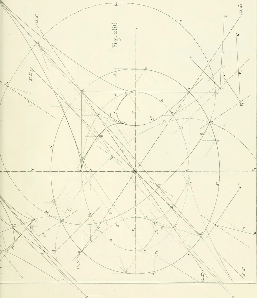 An illustration from Traité de géométrie descriptive. 3. ed., rev. et augm. de la théorie de l'intersection de deux polyèdres, 1891, leaf 48
