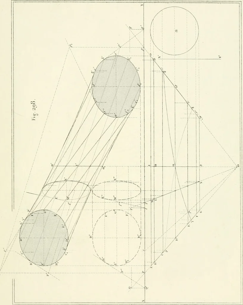An illustration from Traité de géométrie descriptive. 3. ed., rev. et augm. de la théorie de l'intersection de deux polyèdres, 1891, leaf 52