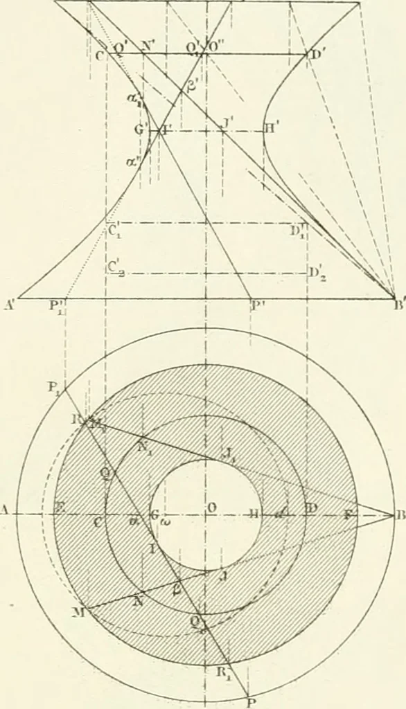 An illustration from Traité de géométrie descriptive. 3. ed., rev. et augm. de la théorie de l'intersection de deux polyèdres, 1891, leaf 56