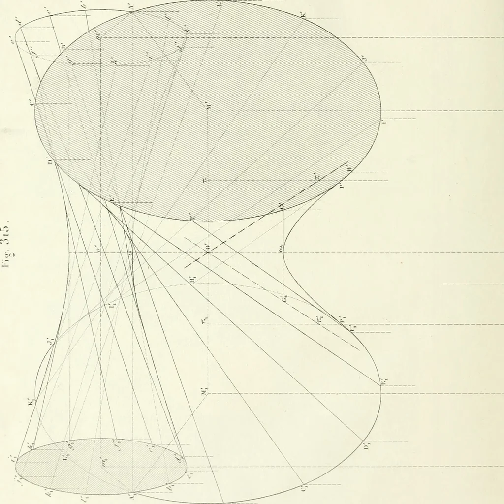 An illustration from Traité de géométrie descriptive. 3. ed., rev. et augm. de la théorie de l'intersection de deux polyèdres, 1891, leaf 59