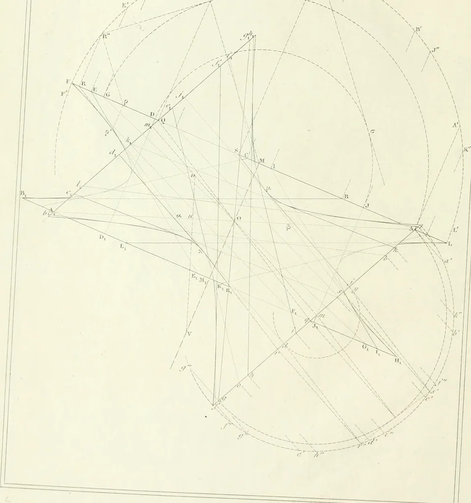 An illustration from Traité de géométrie descriptive. 3. ed., rev. et augm. de la théorie de l'intersection de deux polyèdres, 1891, leaf 61