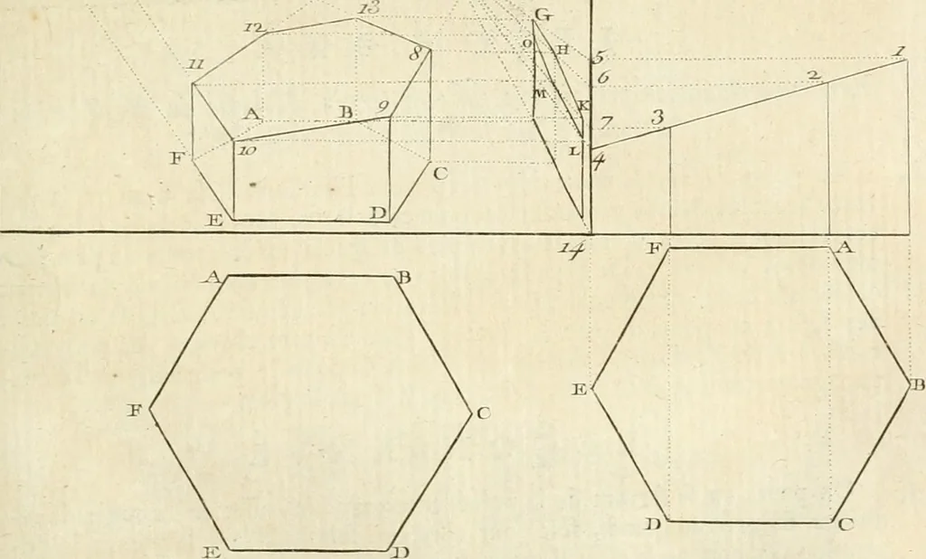 An illustration from Traité de perspective a l'usage des artistes : où l'on démontre géométriquement toutes les pratiques de cette science, & où l'on enseigne, selon la méthode de M. le Clerc, à mettre toutes sortes d'objets en perspective, leur reverbération dans l'eau, & leurs ombres, tant au soleil qu'au flambeau, 1750, leaf 116
