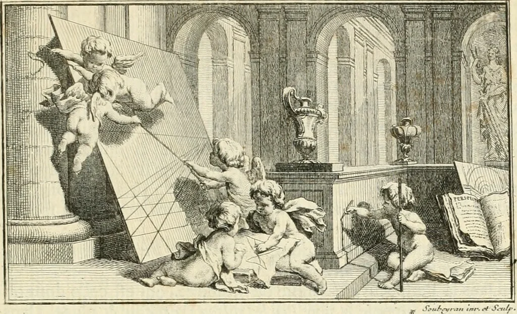 An illustration from Traité de perspective a l'usage des artistes : où l'on démontre géométriquement toutes les pratiques de cette science, & où l'on enseigne, selon la méthode de M. le Clerc, à mettre toutes sortes d'objets en perspective, leur reverbération dans l'eau, & leurs ombres, tant au soleil qu'au flambeau, 1750, leaf 12