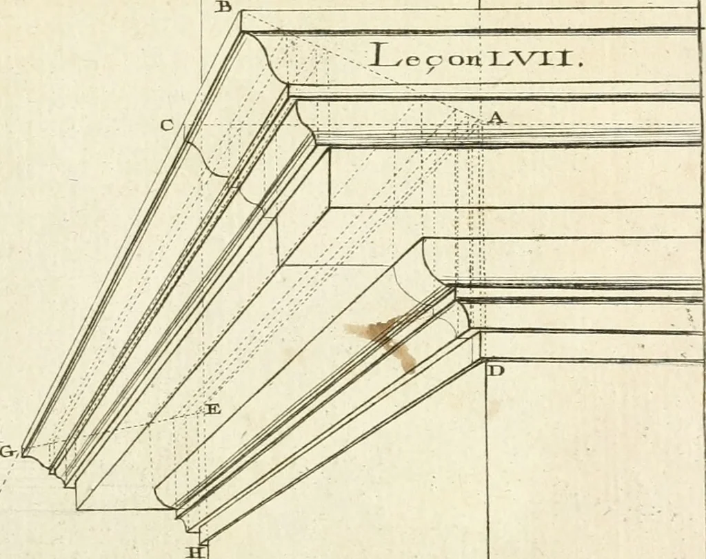 An illustration from Traité de perspective a l'usage des artistes : où l'on démontre géométriquement toutes les pratiques de cette science, & où l'on enseigne, selon la méthode de M. le Clerc, à mettre toutes sortes d'objets en perspective, leur reverbération dans l'eau, & leurs ombres, tant au soleil qu'au flambeau, 1750, leaf 164