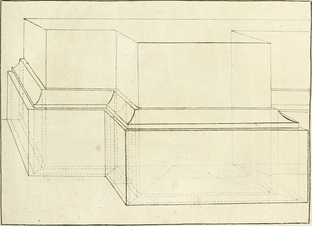 An illustration from Traité de perspective a l'usage des artistes : où l'on démontre géométriquement toutes les pratiques de cette science, & où l'on enseigne, selon la méthode de M. le Clerc, à mettre toutes sortes d'objets en perspective, leur reverbération dans l'eau, & leurs ombres, tant au soleil qu'au flambeau, 1750, leaf 166