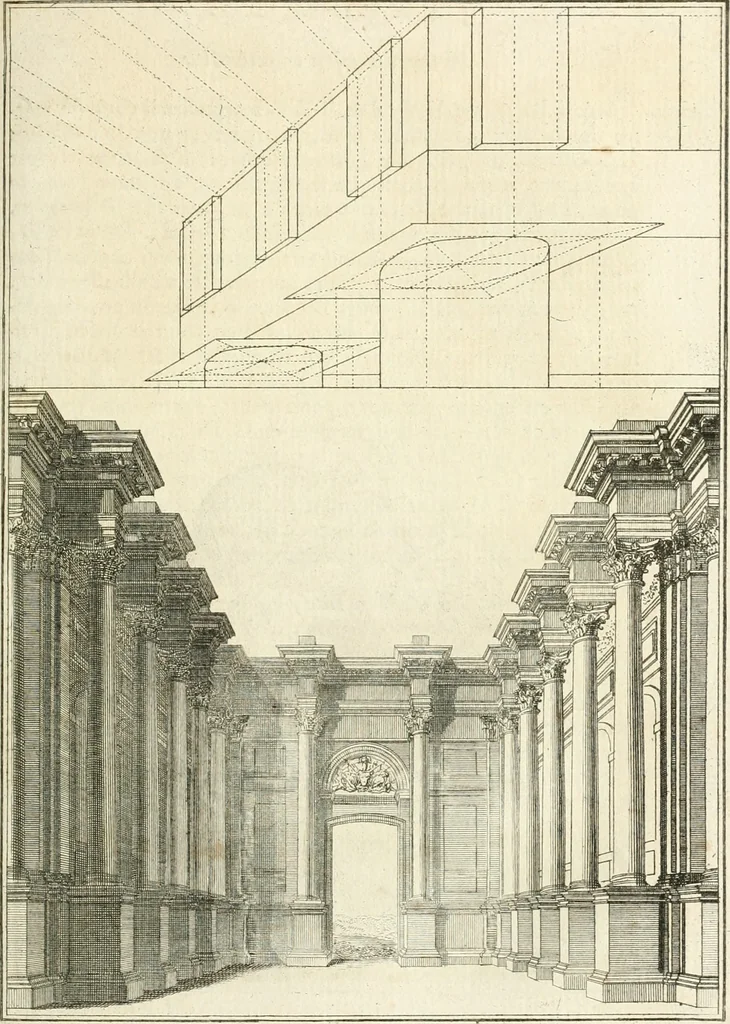 An illustration from Traité de perspective a l'usage des artistes : où l'on démontre géométriquement toutes les pratiques de cette science, & où l'on enseigne, selon la méthode de M. le Clerc, à mettre toutes sortes d'objets en perspective, leur reverbération dans l'eau, & leurs ombres, tant au soleil qu'au flambeau, 1750, leaf 168