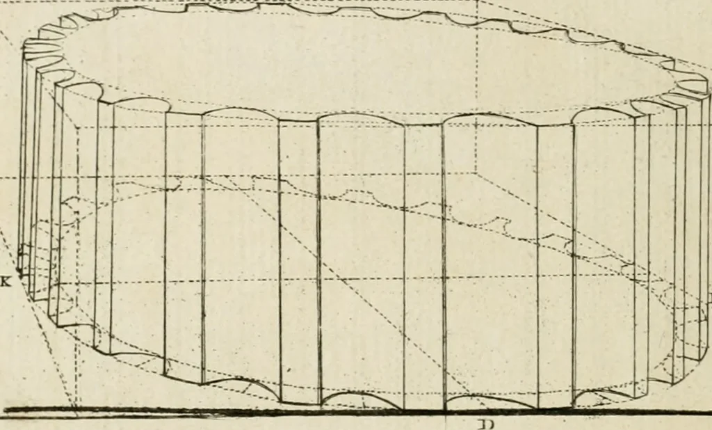 An illustration from Traité de perspective a l'usage des artistes : où l'on démontre géométriquement toutes les pratiques de cette science, & où l'on enseigne, selon la méthode de M. le Clerc, à mettre toutes sortes d'objets en perspective, leur reverbération dans l'eau, & leurs ombres, tant au soleil qu'au flambeau, 1750, leaf 179
