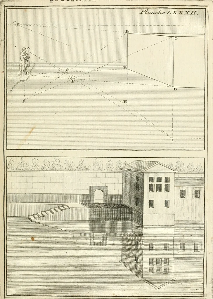 An illustration from Traité de perspective a l'usage des artistes : où l'on démontre géométriquement toutes les pratiques de cette science, & où l'on enseigne, selon la méthode de M. le Clerc, à mettre toutes sortes d'objets en perspective, leur reverbération dans l'eau, & leurs ombres, tant au soleil qu'au flambeau, 1750, leaf 198