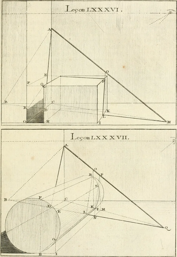 An illustration from Traité de perspective a l'usage des artistes : où l'on démontre géométriquement toutes les pratiques de cette science, & où l'on enseigne, selon la méthode de M. le Clerc, à mettre toutes sortes d'objets en perspective, leur reverbération dans l'eau, & leurs ombres, tant au soleil qu'au flambeau, 1750, leaf 210