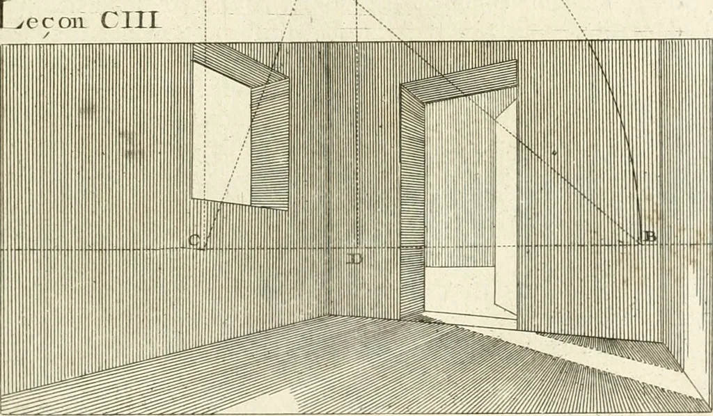 An illustration from Traité de perspective a l'usage des artistes : où l'on démontre géométriquement toutes les pratiques de cette science, & où l'on enseigne, selon la méthode de M. le Clerc, à mettre toutes sortes d'objets en perspective, leur reverbération dans l'eau, & leurs ombres, tant au soleil qu'au flambeau, 1750, leaf 226