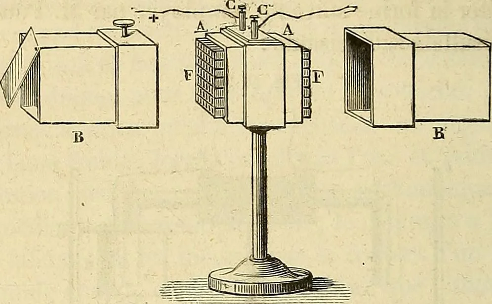 An illustration from Traité d'électricité et de magnétisme : et des applications de ces sciences a la chimie, a la physiologie et aux arts, 1855, leaf 189