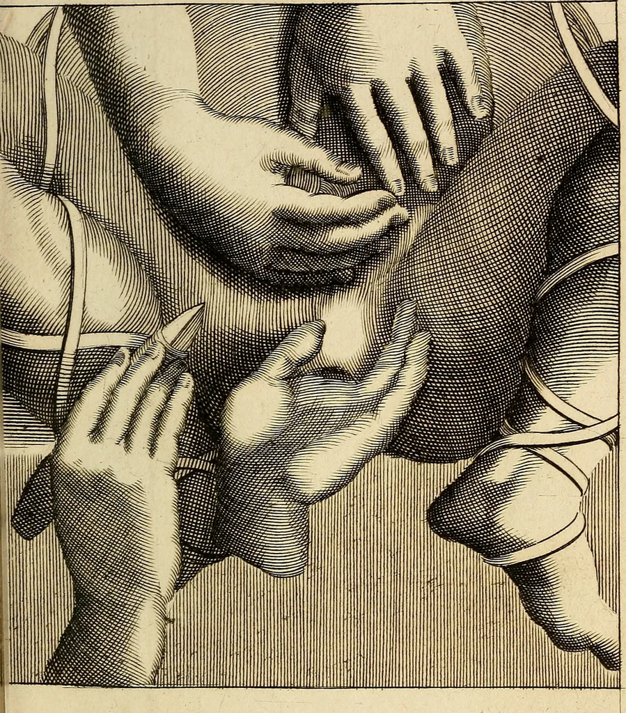 An illustration from Traite' de la lithotomie, ou, De l'extraction de la pierre, hors de la vessie : enrichy de figures necessaires pour representer la maniére de sonder, les instrumens propres, le malade dans l'operation : la ponction du perinée, & les differentes methodes de tirer la pierre : avec les appareils, les remedes preservatifs du calcul, & les medicamens pour les taillez, 1686, leaf 106