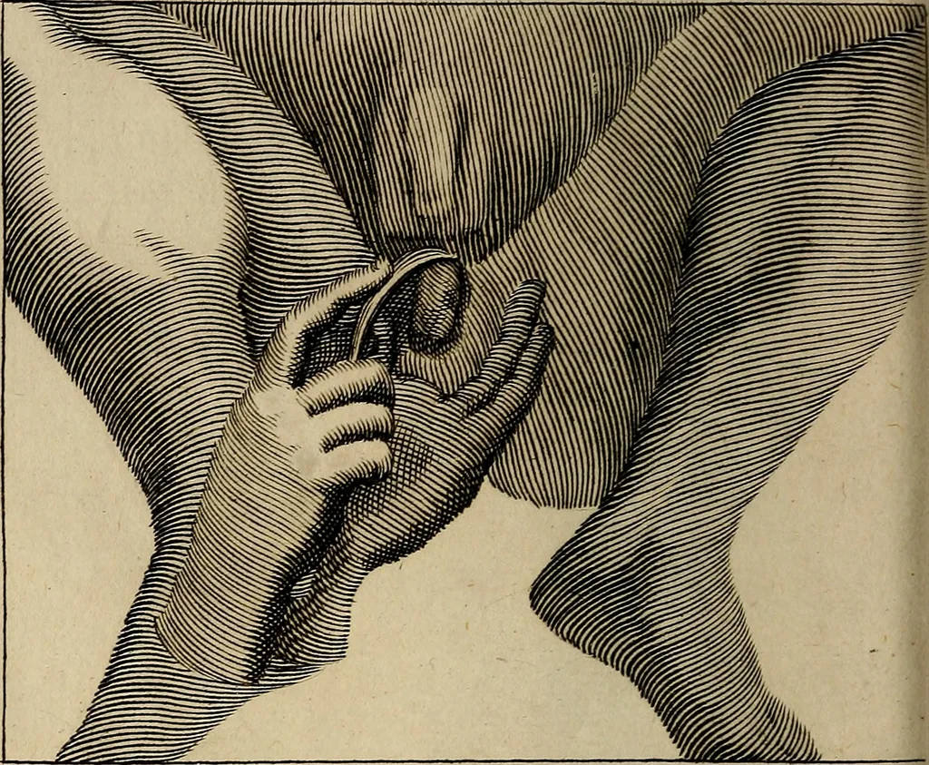 An illustration from Traite' de la lithotomie, ou, De l'extraction de la pierre, hors de la vessie : enrichy de figures necessaires pour representer la maniére de sonder, les instrumens propres, le malade dans l'operation : la ponction du perinée, & les differentes methodes de tirer la pierre : avec les appareils, les remedes preservatifs du calcul, & les medicamens pour les taillez, 1686, leaf 109