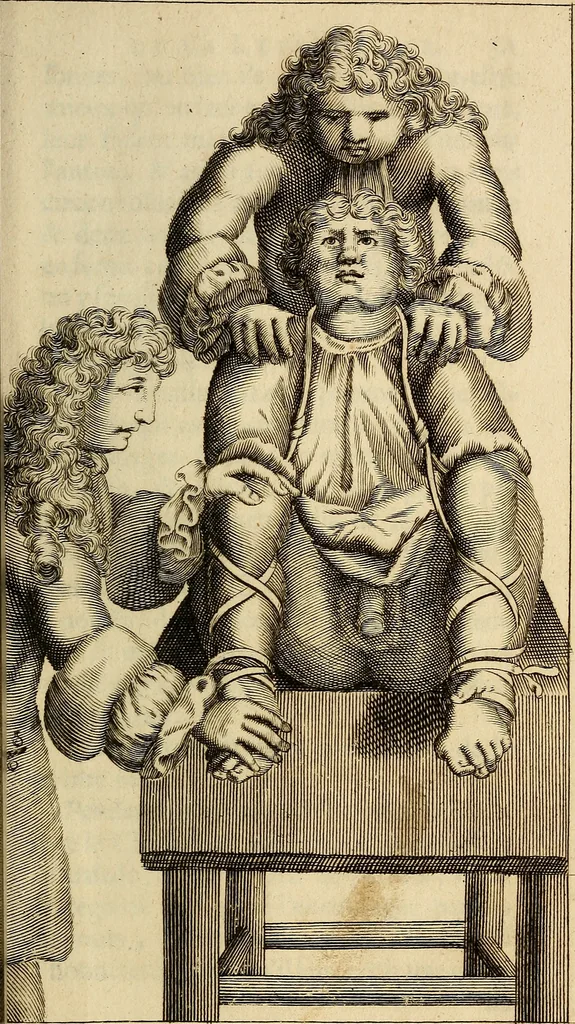An illustration from Traite' de la lithotomie, ou, De l'extraction de la pierre, hors de la vessie : enrichy de figures necessaires pour representer la maniére de sonder, les instrumens propres, le malade dans l'operation : la ponction du perinée, & les differentes methodes de tirer la pierre : avec les appareils, les remedes preservatifs du calcul, & les medicamens pour les taillez, 1686, leaf 116