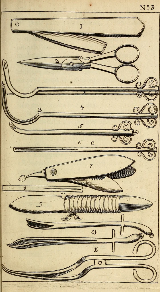 An illustration from Traite' de la lithotomie, ou, De l'extraction de la pierre, hors de la vessie : enrichy de figures necessaires pour representer la maniére de sonder, les instrumens propres, le malade dans l'operation : la ponction du perinée, & les differentes methodes de tirer la pierre : avec les appareils, les remedes preservatifs du calcul, & les medicamens pour les taillez, 1686, leaf 72