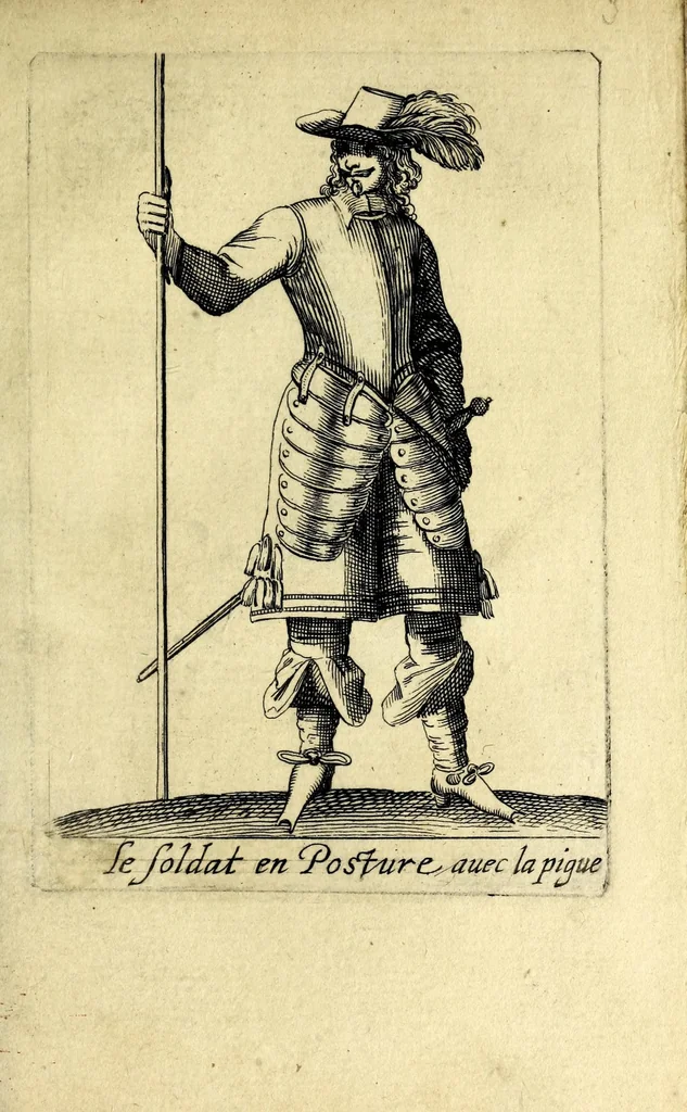 An illustration from Traité de l'exercice militaire : ou est l'instruction des jeux de toutes sortes d'armes, & celuy du drapeau : auec vne methode tres-facile pour faire faire l'exercice aux soldats, & dresser toutes sortes de bataillons : ensemble les deuoirs des generaux d'armée, des majors, capitaines, lieutenans, enseignes, sergens, caporaulx, ansepassades, des soldats, & plusieurs autres discours de l'art militaire, 1650, leaf 139