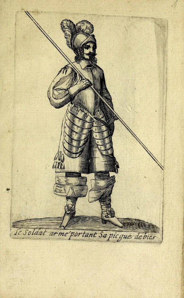An illustration from Traité de l'exercice militaire : ou est l'instruction des jeux de toutes sortes d'armes, & celuy du drapeau : auec vne methode tres-facile pour faire faire l'exercice aux soldats, & dresser toutes sortes de bataillons : ensemble les deuoirs des generaux d'armée, des majors, capitaines, lieutenans, enseignes, sergens, caporaulx, ansepassades, des soldats, & plusieurs autres discours de l'art militaire, 1650, leaf 141
