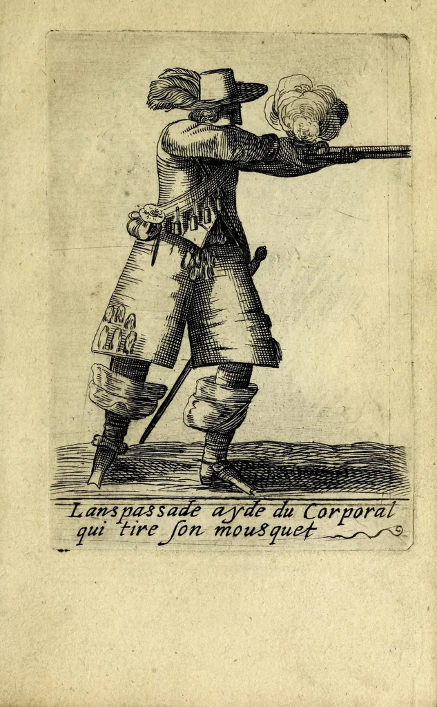 An illustration from Traité de l'exercice militaire : ou est l'instruction des jeux de toutes sortes d'armes, & celuy du drapeau : auec vne methode tres-facile pour faire faire l'exercice aux soldats, & dresser toutes sortes de bataillons : ensemble les deuoirs des generaux d'armée, des majors, capitaines, lieutenans, enseignes, sergens, caporaulx, ansepassades, des soldats, & plusieurs autres discours de l'art militaire, 1650, leaf 143