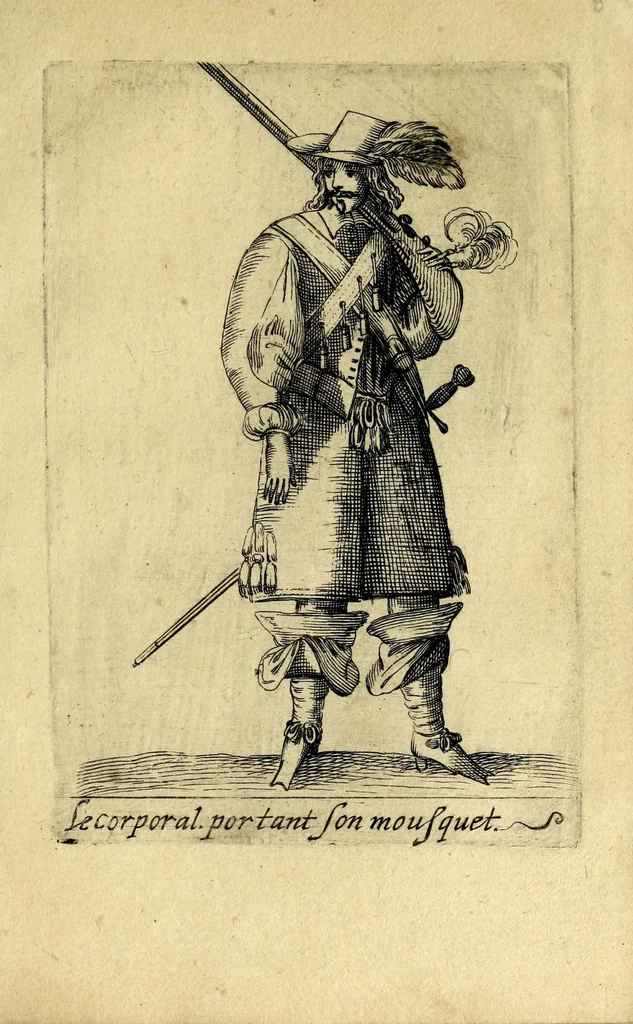 An illustration from Traité de l'exercice militaire : ou est l'instruction des jeux de toutes sortes d'armes, & celuy du drapeau : auec vne methode tres-facile pour faire faire l'exercice aux soldats, & dresser toutes sortes de bataillons : ensemble les deuoirs des generaux d'armée, des majors, capitaines, lieutenans, enseignes, sergens, caporaulx, ansepassades, des soldats, & plusieurs autres discours de l'art militaire, 1650, leaf 145