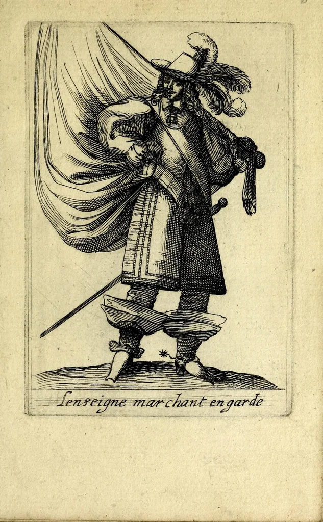 An illustration from Traité de l'exercice militaire : ou est l'instruction des jeux de toutes sortes d'armes, & celuy du drapeau : auec vne methode tres-facile pour faire faire l'exercice aux soldats, & dresser toutes sortes de bataillons : ensemble les deuoirs des generaux d'armée, des majors, capitaines, lieutenans, enseignes, sergens, caporaulx, ansepassades, des soldats, & plusieurs autres discours de l'art militaire, 1650, leaf 149