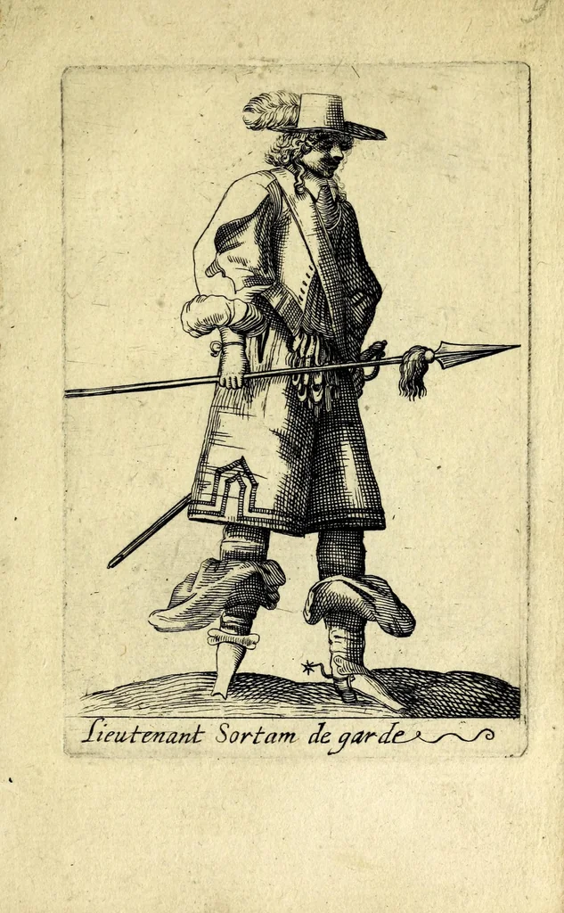 An illustration from Traité de l'exercice militaire : ou est l'instruction des jeux de toutes sortes d'armes, & celuy du drapeau : auec vne methode tres-facile pour faire faire l'exercice aux soldats, & dresser toutes sortes de bataillons : ensemble les deuoirs des generaux d'armée, des majors, capitaines, lieutenans, enseignes, sergens, caporaulx, ansepassades, des soldats, & plusieurs autres discours de l'art militaire, 1650, leaf 151