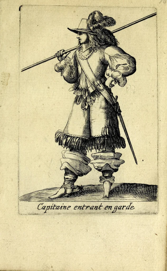 An illustration from Traité de l'exercice militaire : ou est l'instruction des jeux de toutes sortes d'armes, & celuy du drapeau : auec vne methode tres-facile pour faire faire l'exercice aux soldats, & dresser toutes sortes de bataillons : ensemble les deuoirs des generaux d'armée, des majors, capitaines, lieutenans, enseignes, sergens, caporaulx, ansepassades, des soldats, & plusieurs autres discours de l'art militaire, 1650, leaf 153