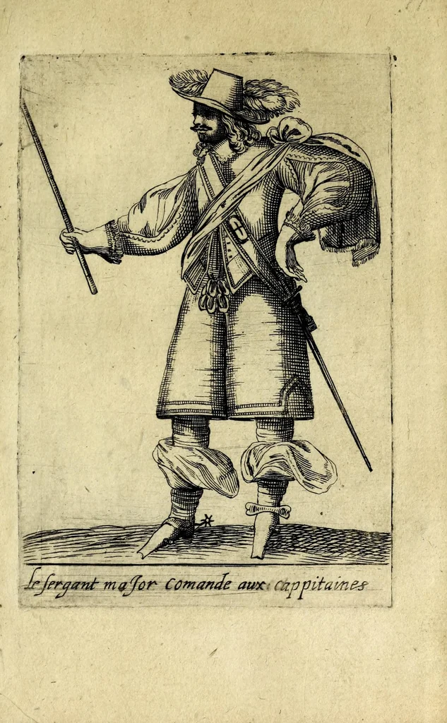 An illustration from Traité de l'exercice militaire : ou est l'instruction des jeux de toutes sortes d'armes, & celuy du drapeau : auec vne methode tres-facile pour faire faire l'exercice aux soldats, & dresser toutes sortes de bataillons : ensemble les deuoirs des generaux d'armée, des majors, capitaines, lieutenans, enseignes, sergens, caporaulx, ansepassades, des soldats, & plusieurs autres discours de l'art militaire, 1650, leaf 155